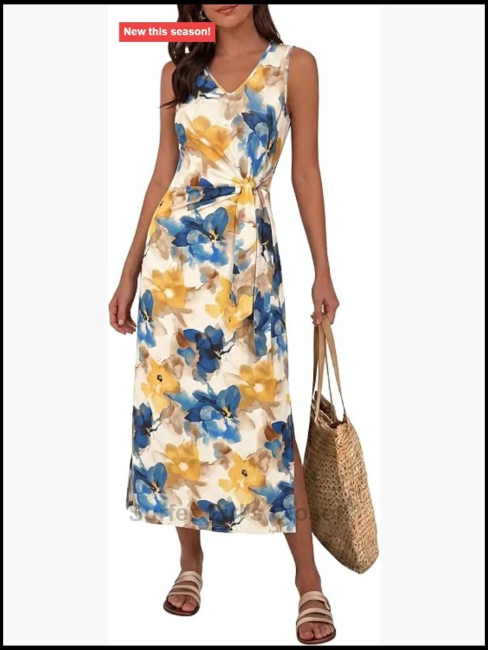 Sleeveless V-Neck Tie Waist Maxi Dress, Soft Viscose Knit, Casual Floral